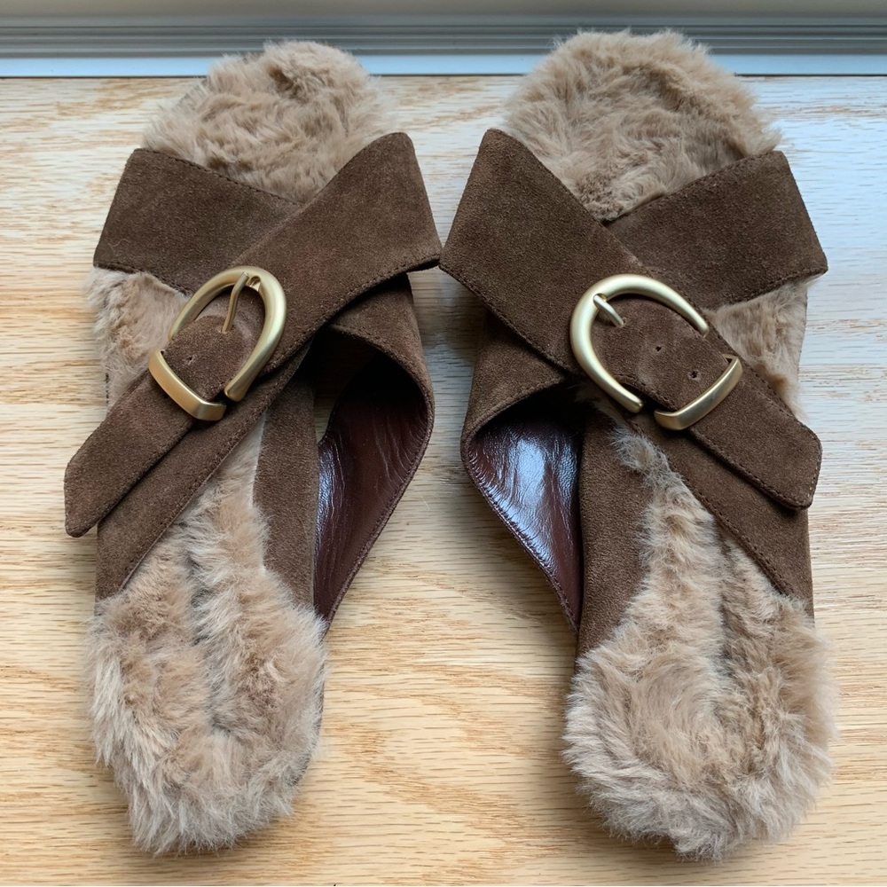 Marion Parke Julie Suede Fur Flats Sandals Shoes 37